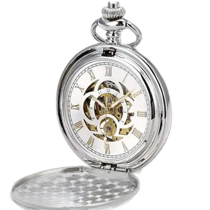 Chic Silver Double Flap Mechanical Pocket Watch