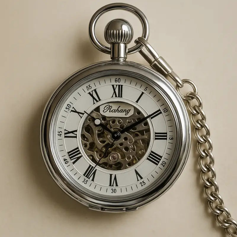 Silver Automatic Pocket Watch with chain, timeless mechanical elegance