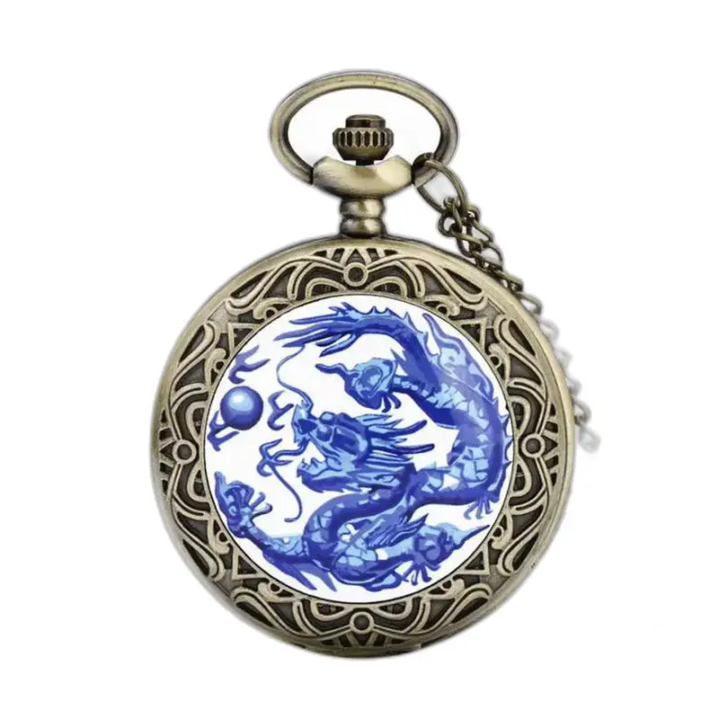 Vintage Blue Dragon Necklace Pocket Watch for Men and Women