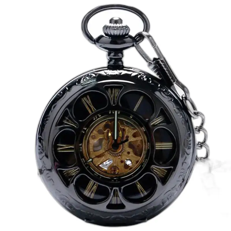Demi Chasseur Mechanical Chic pocket watch with chain and elegant black dial