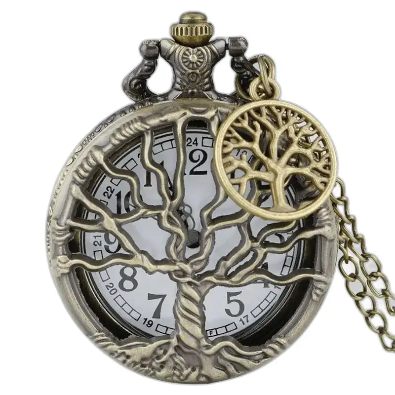 Vintage necklace women's pocket watch with bronze tree design