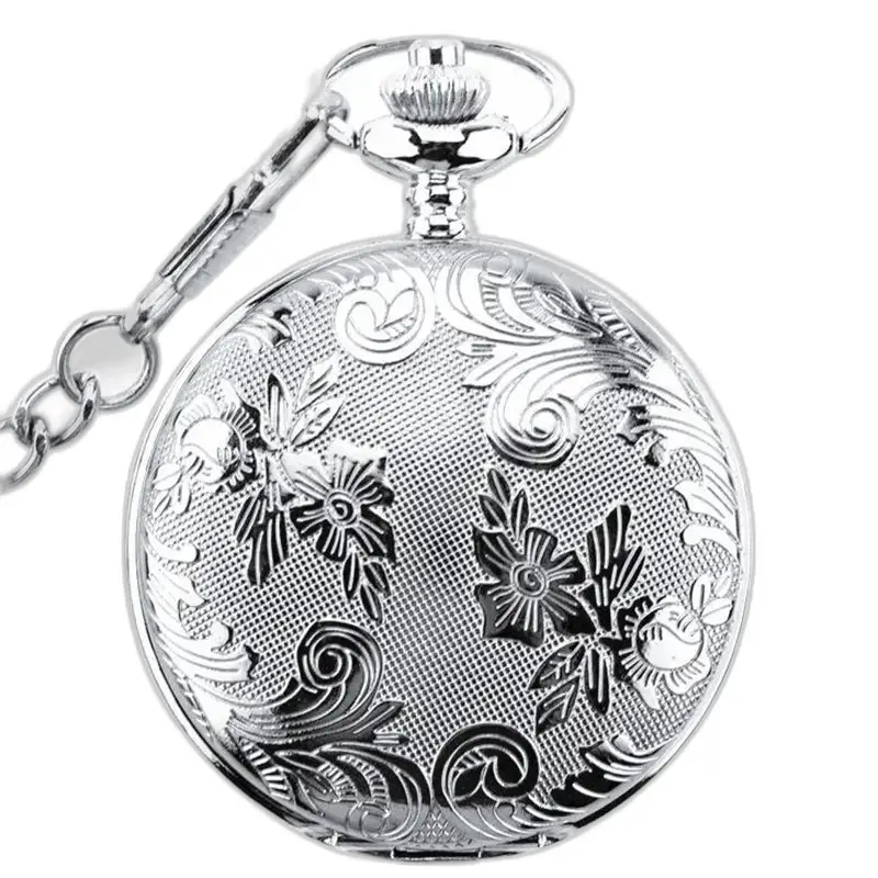 Women's Double Flap Silver Pocket Watch with elegant silver floral pattern