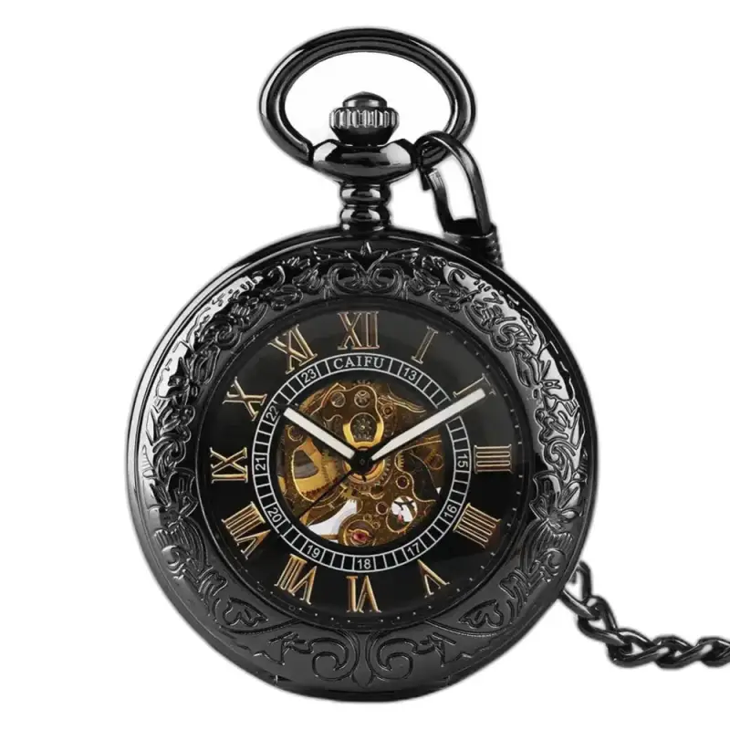 Black Steampunk Iridium Automatic Pocket Watch in refined iridium pocket