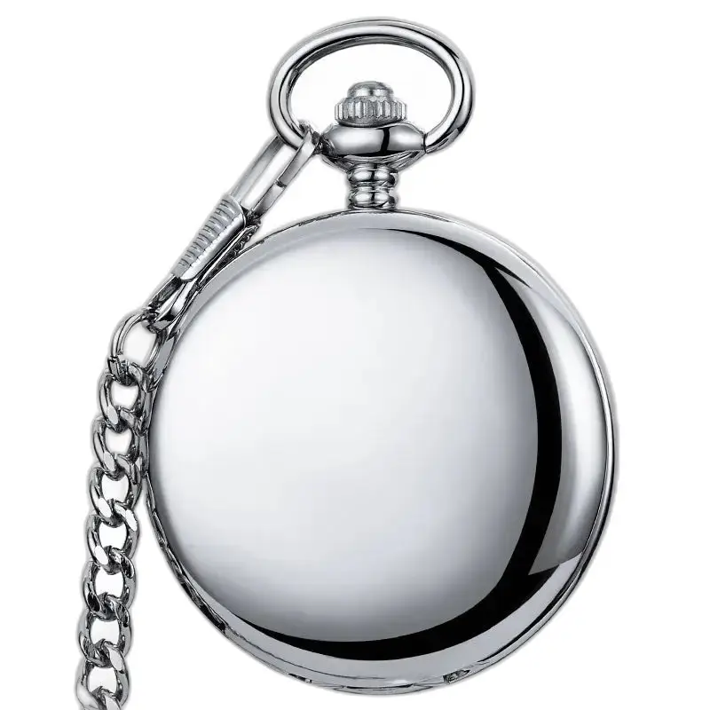 Classic Silver Smooth Mechanical Pocket Watch with Shiny Steel Chain