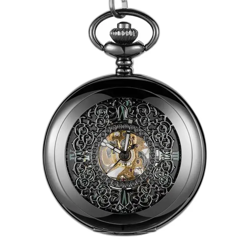 Spider Ruins Luminous Pocket Watch with an elegant ornate black dial