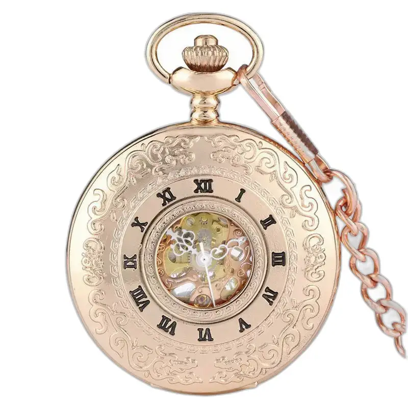 Luxury Rose Gold Pocket Watch with Roman Numeral Indexes and Embellished Chain