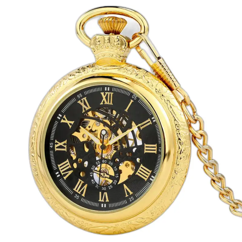 Gold Mechanical Pocket Watch with Chain and Black Gold Roman Dial