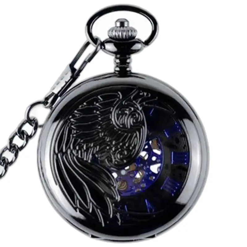 Black Phenix Mechanical Pocket Watch with Protective Clasp and Eagle Design