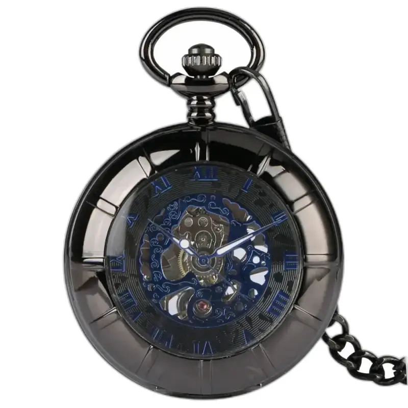 Blue Venom Men's Mechanical Pocket Watch with Elegant Black Case