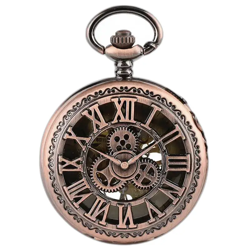 Steampunk Style Copper Mechanical Pocket Watch with Ornate Bronze Design