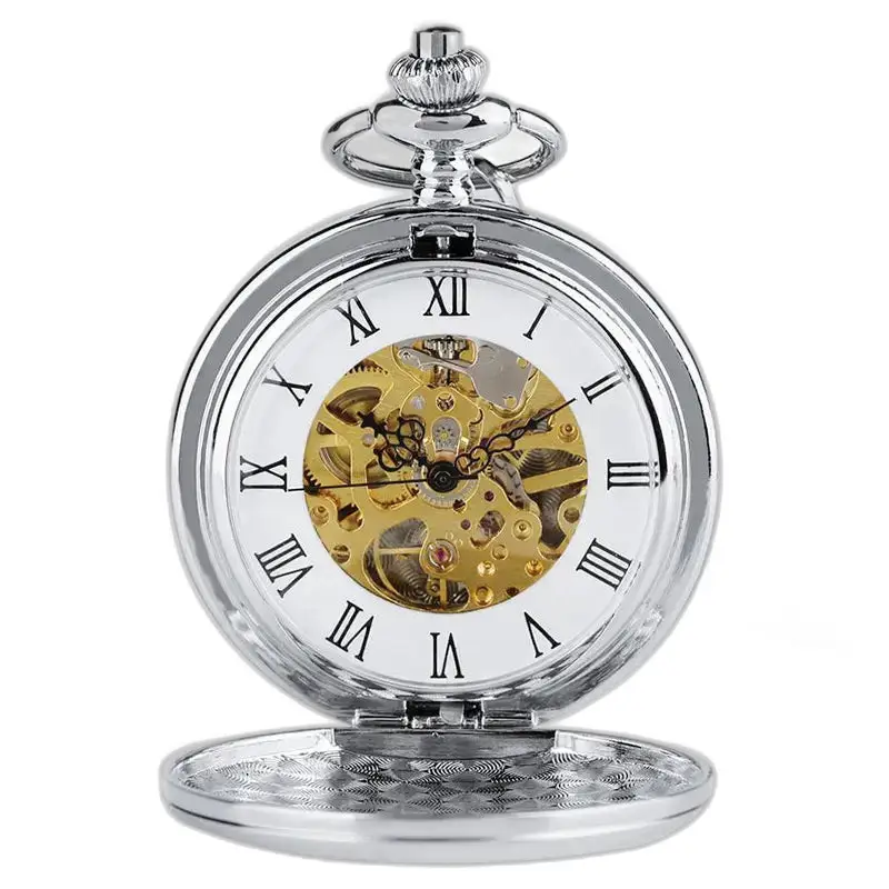 Silver Double Flap Mechanical Pocket Watch with visible silver mechanism