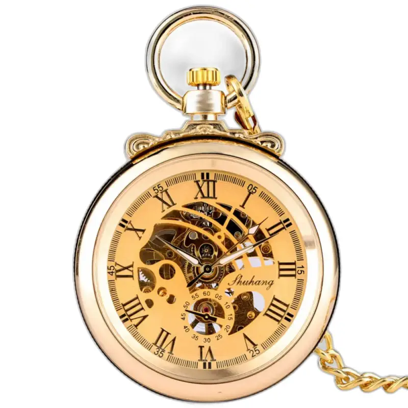 Gentleman Luxe Gold Mechanical Pocket Watch with Gold Roman Numerals
