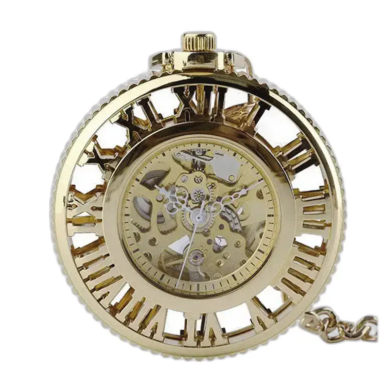 Gold Roman Chic Mechanical Pocket Watch with a gold skeleton dial