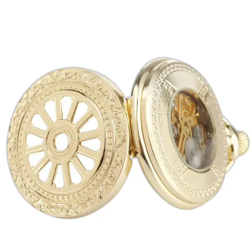 Gold-toned mechanical pocket watch with elegant hollow skeleton design