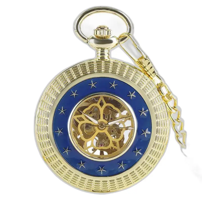Luxury gold mechanical pocket watch with a blue and gold mechanical movement