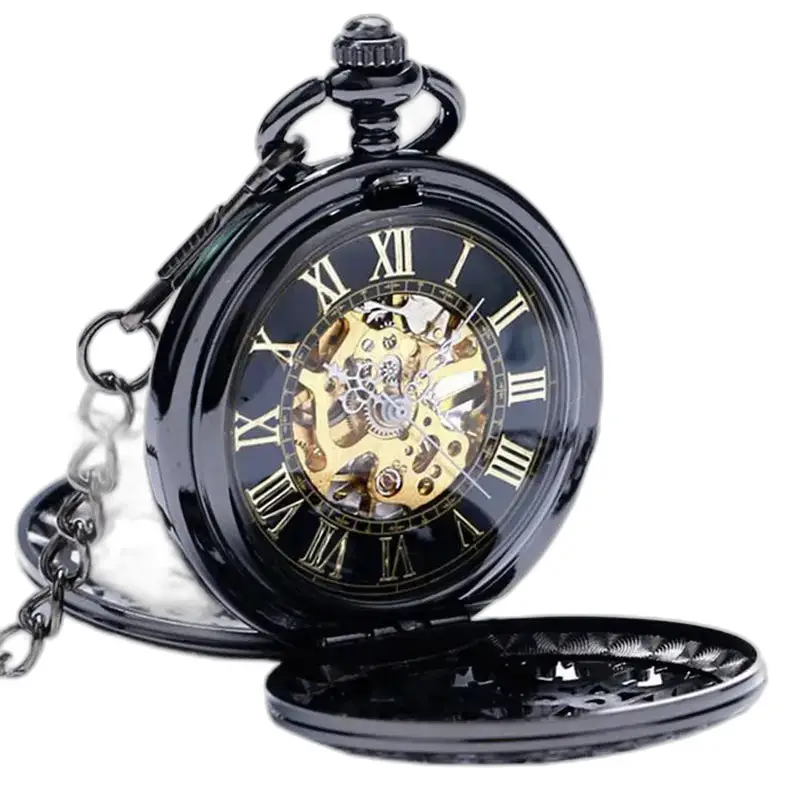 Chic Black Mechanical Pocket Watch, elegant and refined black mechanical pocket watch