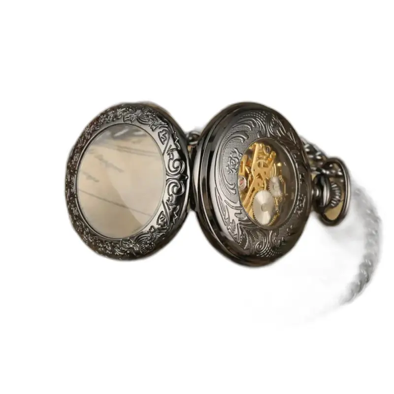 Black Mechanical Pocket Watch for Men, open and decorated, black mechanical pocket