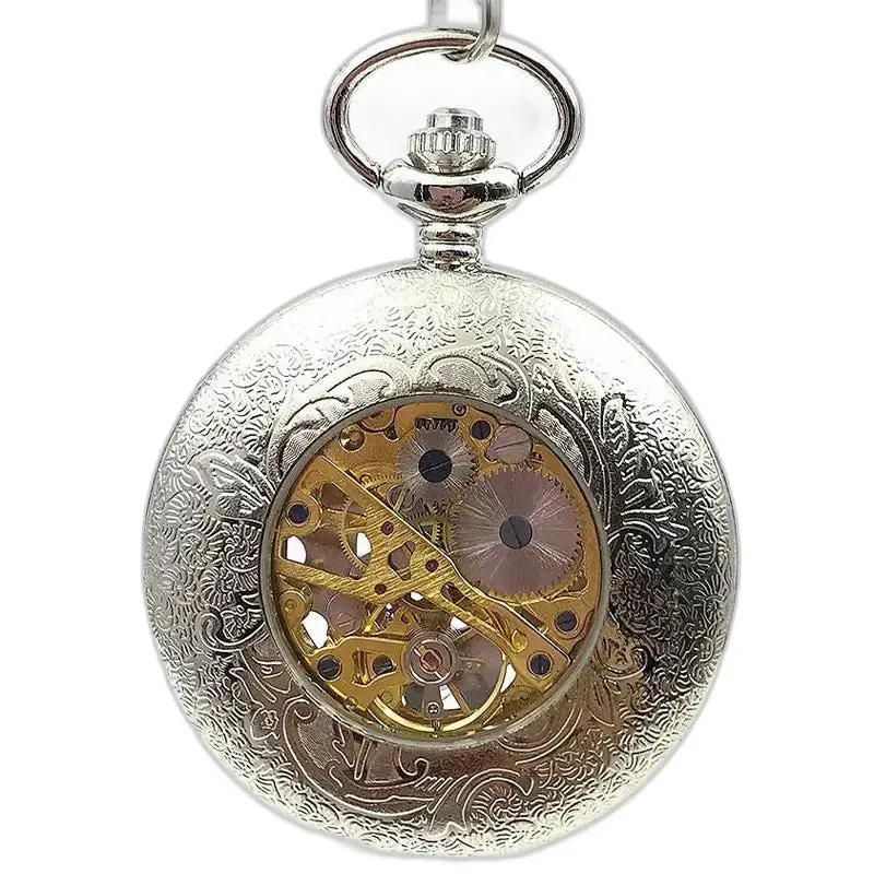 Silver Flower Chic Mechanical Pocket Watch with visible silver mechanism