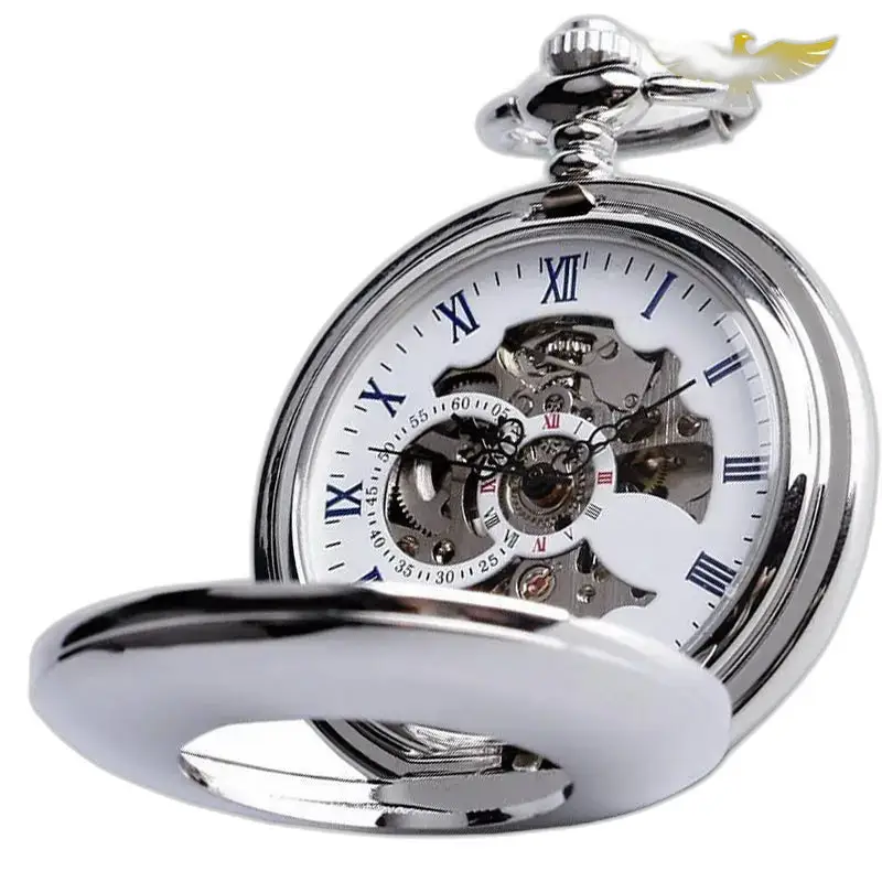 Luxury Skeleton Mechanical Pocket Watch in silver with visible mechanism