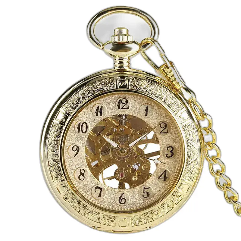 Royal luxury mechanical gold pocket watch with visible gears and chain