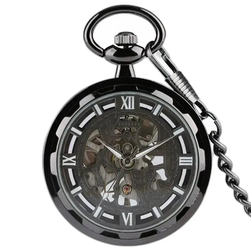 Chic mechanical skeleton pocket watch with chain and elegant black design