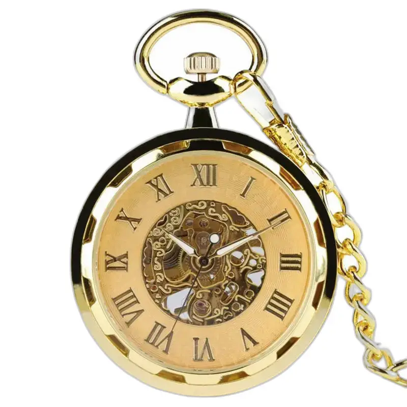 Gold steel pocket watch with chain, luxury men's mechanical skeleton pocket watch