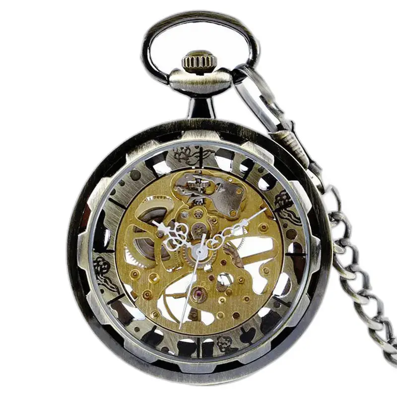Modern skeleton pocket watch with chain and stylish mechanical movement