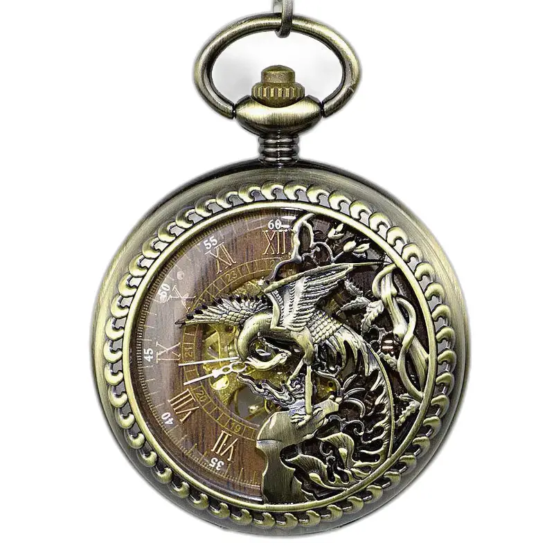 Phoenix Skeleton Pocket Watch in Stainless Steel with Ornate Bronze Design
