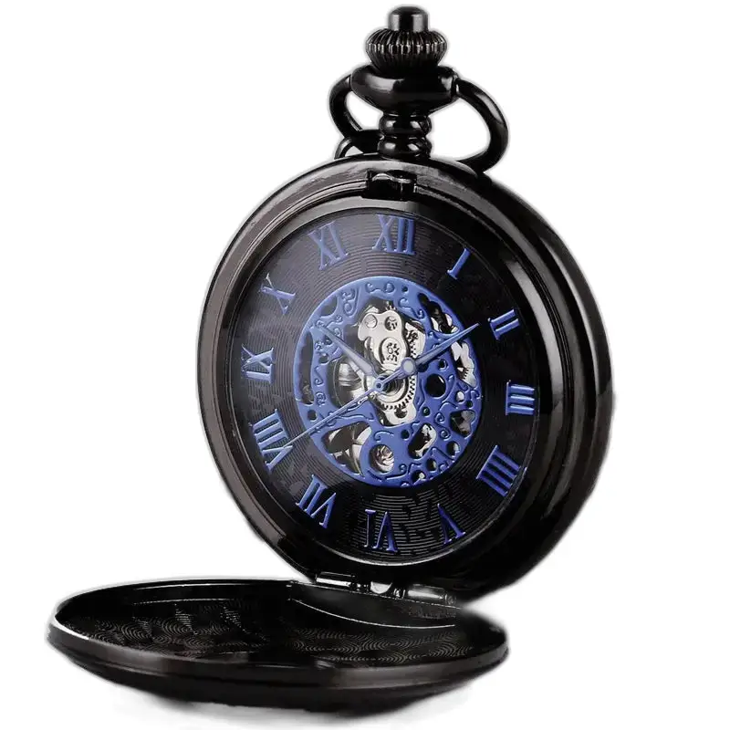Steampunk Double Demi Hunter Chic Pocket Watch with Blue Roman Numerals