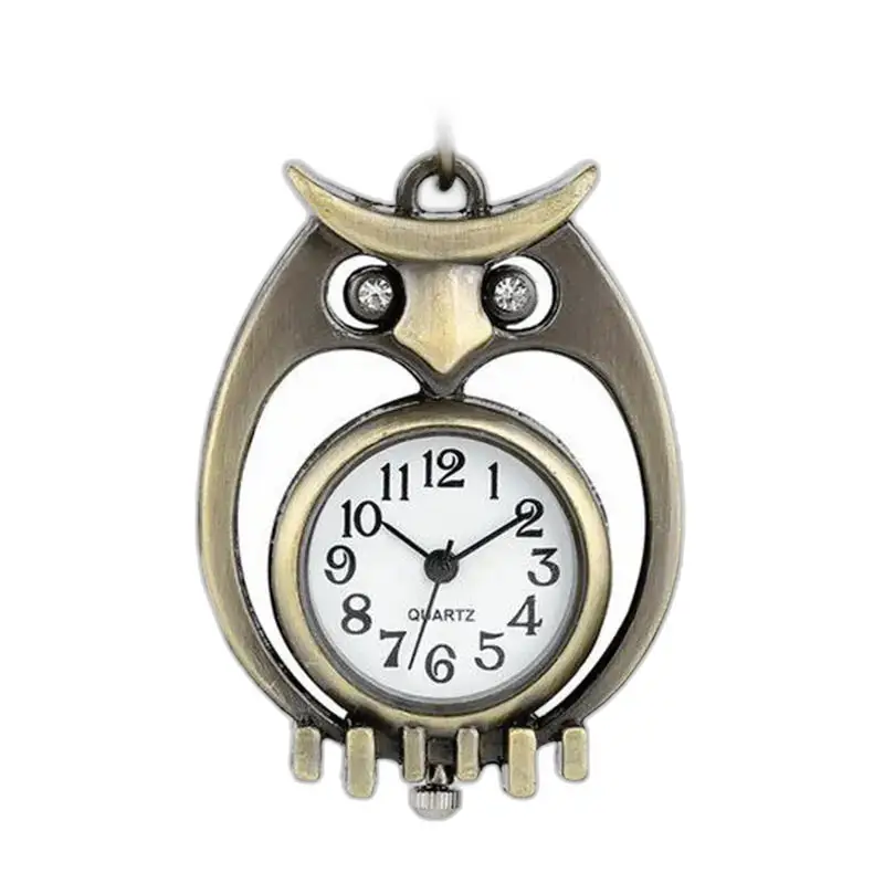 Vintage Bronze Owl Watch with Chain, owl-shaped pendant