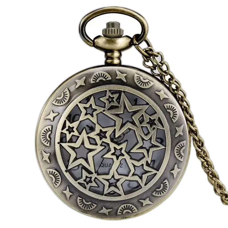 Bronze necklace watch with star pattern and chain, feminine retro style