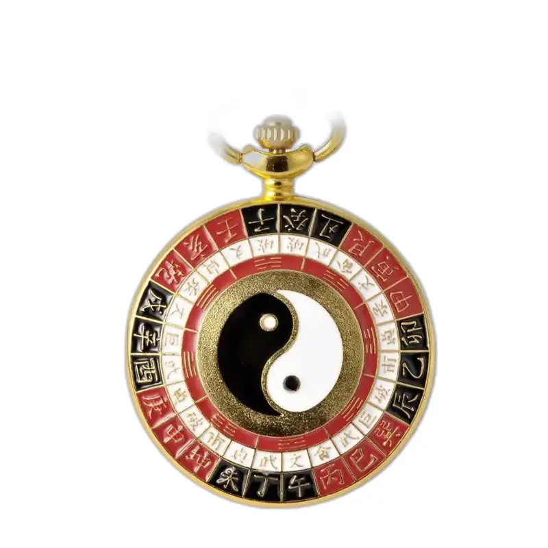 Vintage Gold Asian Charm Necklace Watch with Elegant Yin and Yang Necklace Watch