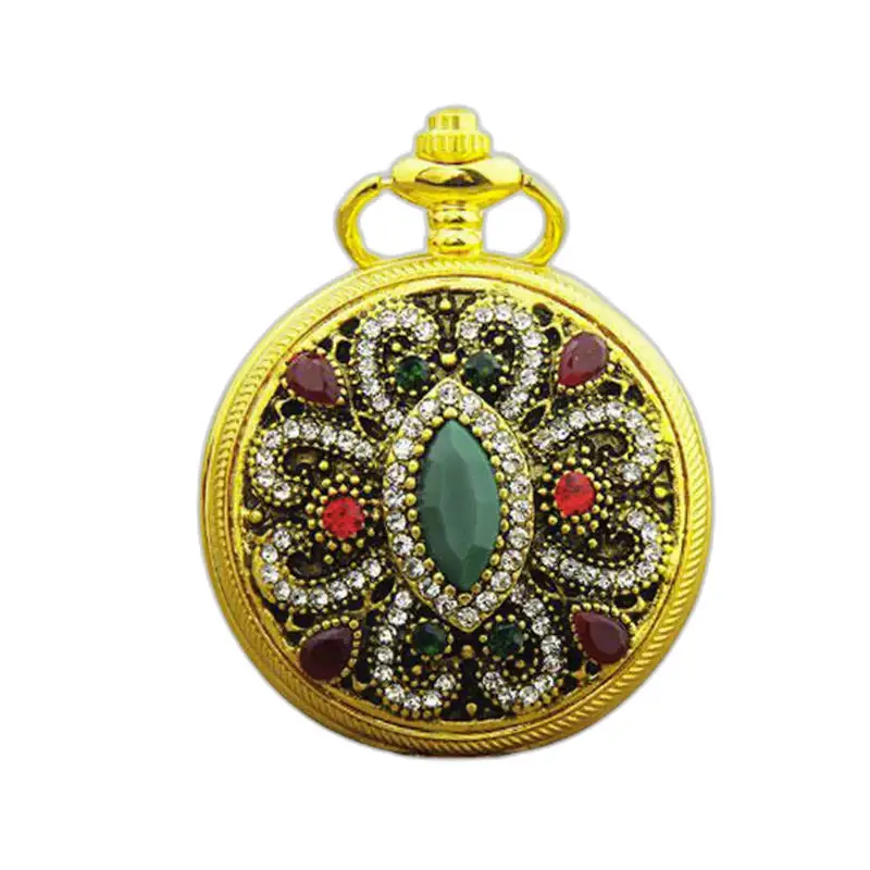 Chic Gold Necklace Watch adorned with elegant precious stones and gems