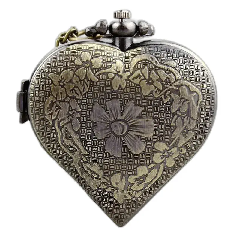 Vintage Silver Bronze Heart Necklace Watch with a floral heart watch design