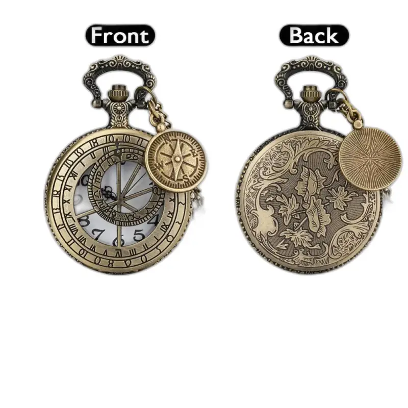 Half Hunter Bronze Quartz Compass Necklace Watch with Antique Style, Elegant Necklace Watch