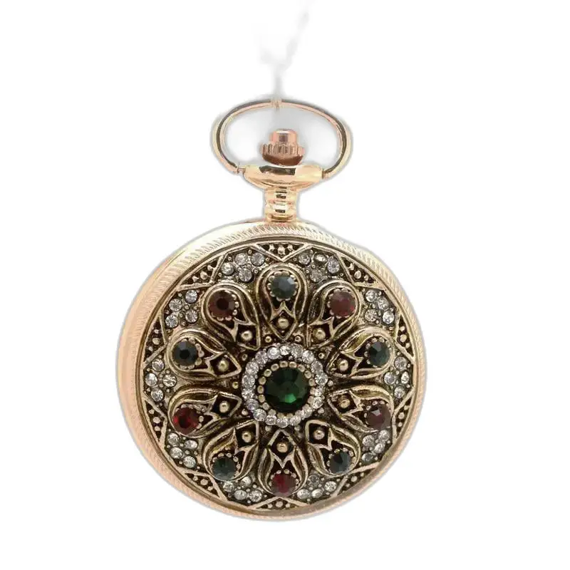 Necklace watch adorned with diamonds and precious stones with elegant quartz mechanism