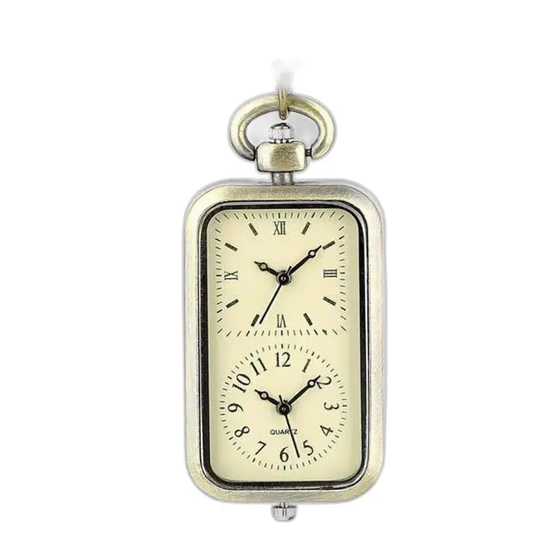 Vintage Bronze Double Necklace Watch for Men and Women with Rectangular Dial
