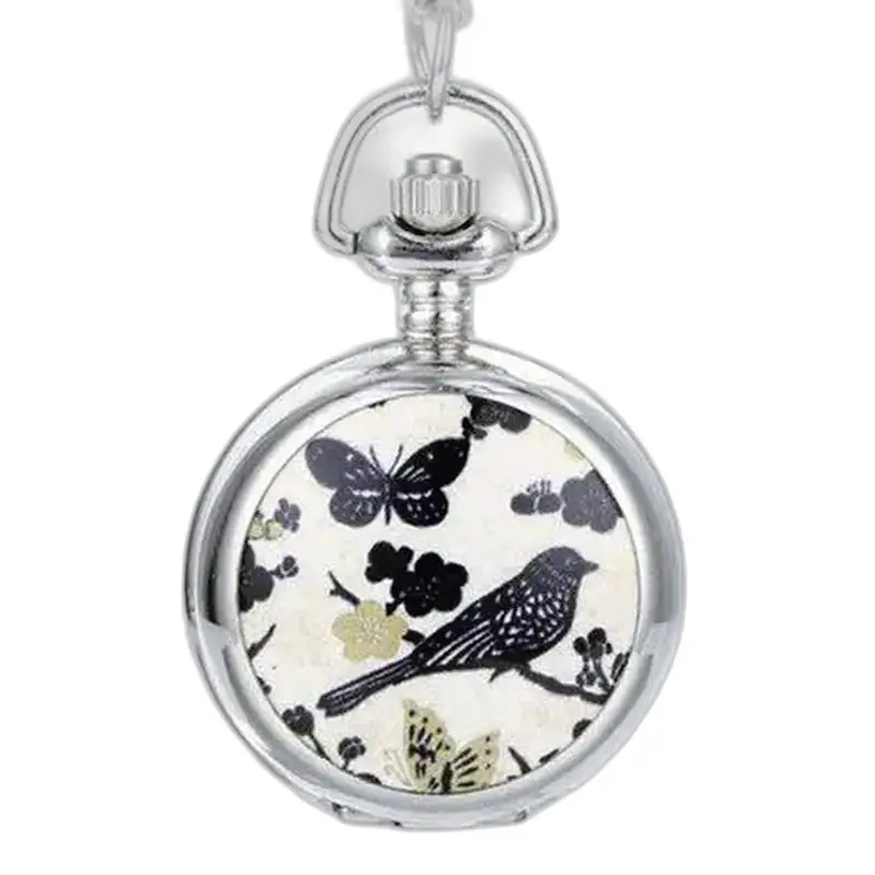 Elegant necklace watch with bird and butterfly design, quartz movement
