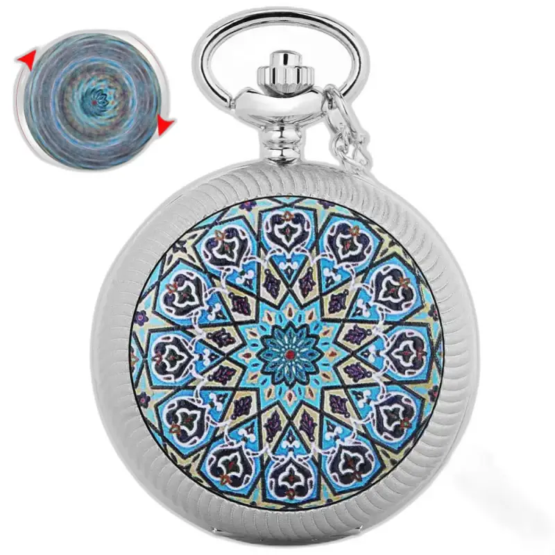 Chic Mandala Flower Necklace Watch Blue with Geometric Design Necklace Watch in Silver