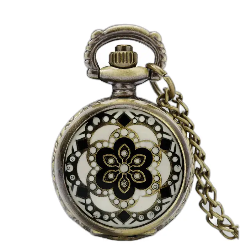 Vintage Chic Marble Flower Necklace Watch with Antique Necklace Watch and Chain
