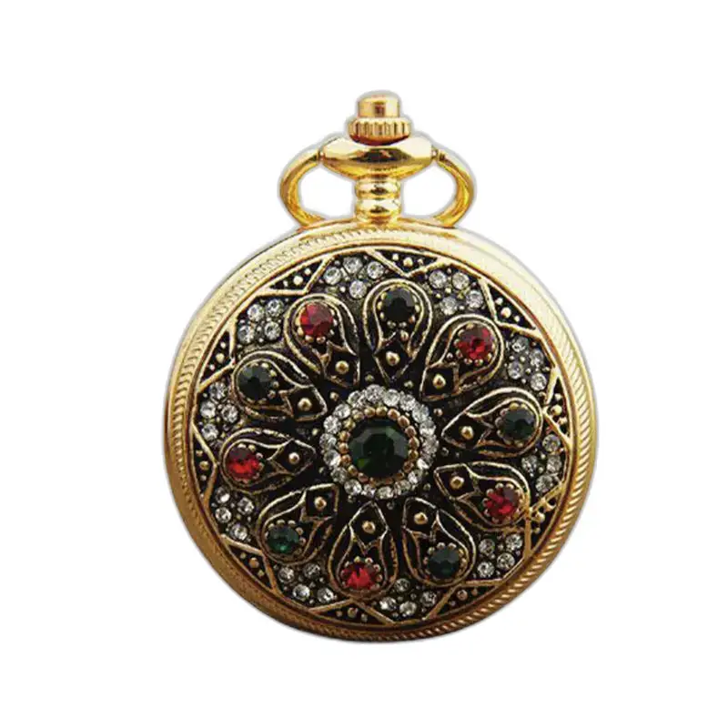 Jeweled Chic Women's Gold Necklace Watch with colorful jeweled necklace watch