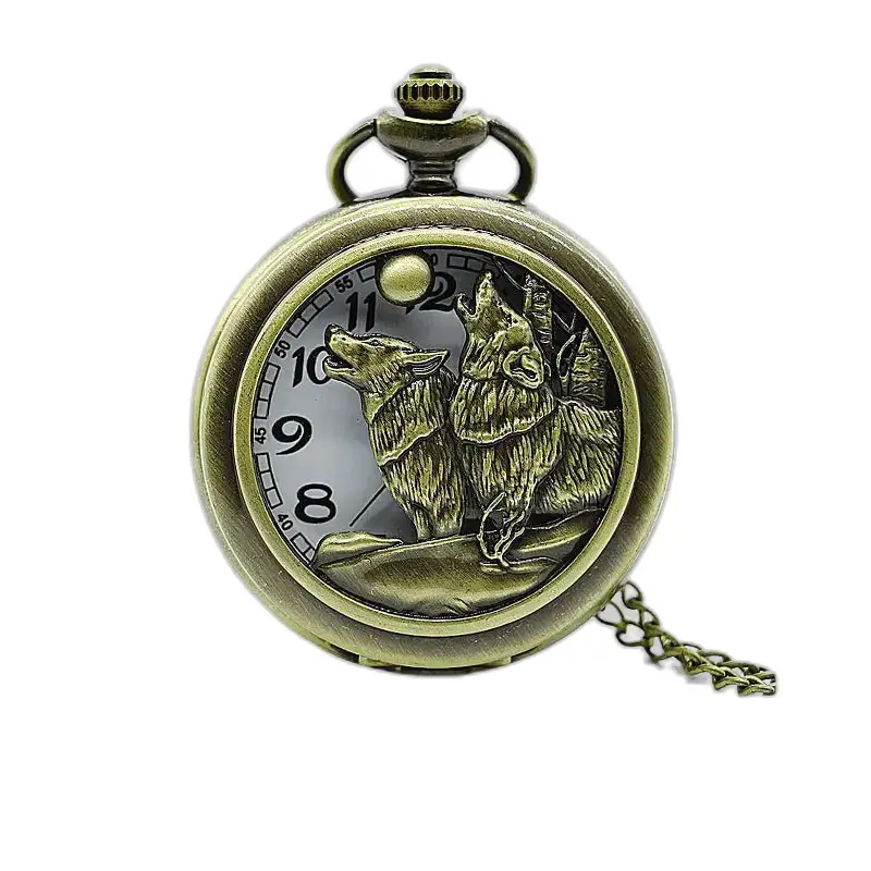 Vintage Loups Pleine Lune necklace watch with elegant bronze wolf watch