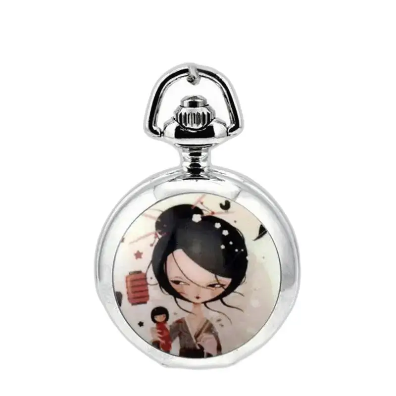 Manga necklace watch with silver pendulum and a cartoon girl in anime style