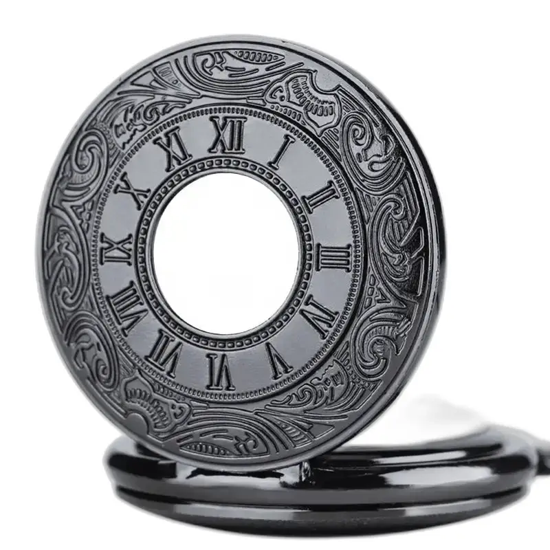 Pendant Style Mechanical Necklace Watch with Elegant Ornate Black Case