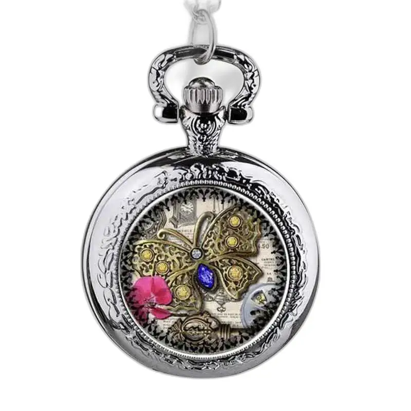 Butterfly necklace watch with precious stones, silver pendant watch