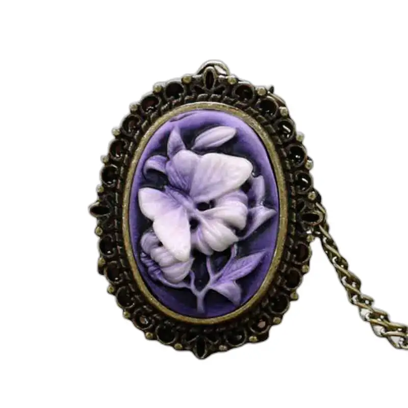 Oval Cameo Pendant on Elegant Orchid Butterfly Necklace Watch for Women