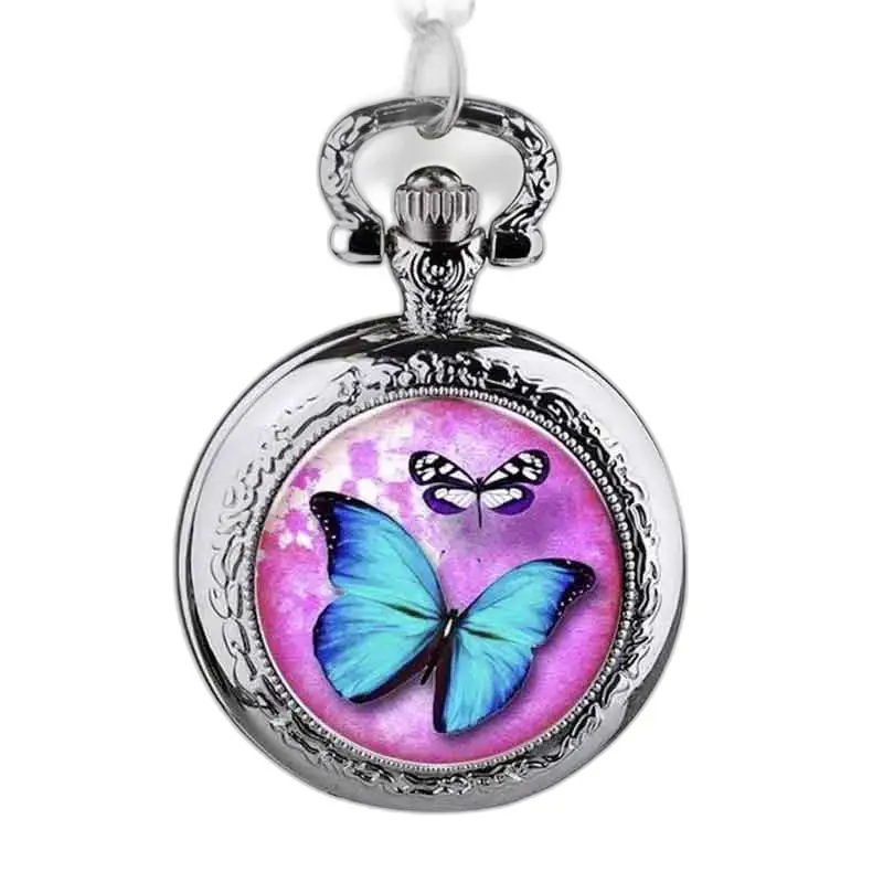 Pink and Blue Butterfly Necklace Watch with silver butterfly design