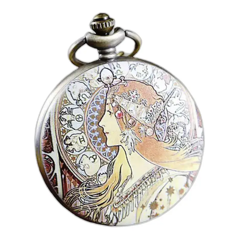 Elegant Red Goddess Pendant Necklace Watch with stylish Art Nouveau design