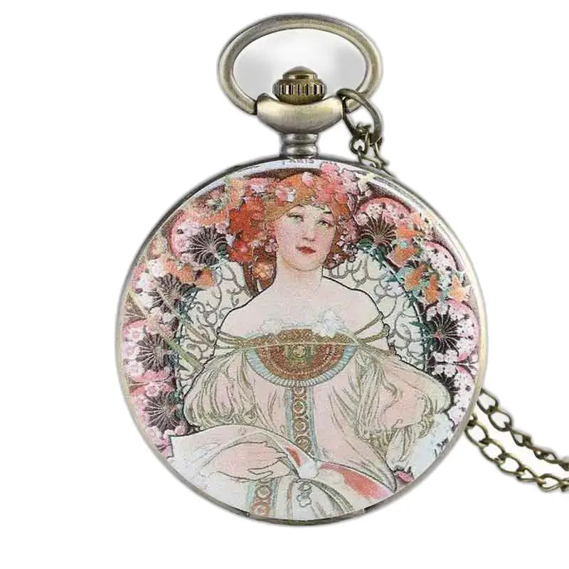 Flower Pendant Necklace Watch with Transparent Dial Elegant Art Nouveau Style