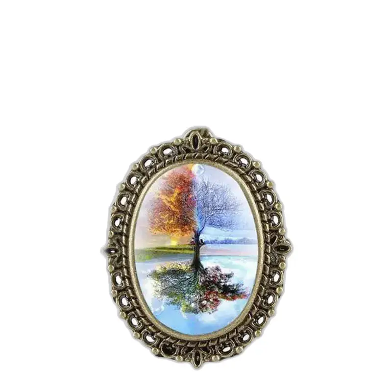 Oval pendant representing a tree of the four seasons for Watch Necklace Pendant